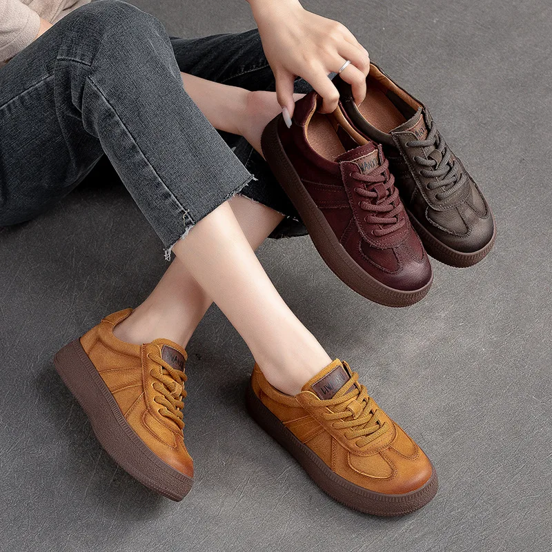 GKTINOO 2024 Autumn New Retro Lace-up Flat Platform Shoes Genuine Leather Sneakers Thick Soled Round Toe Casual Women\'s Shoes