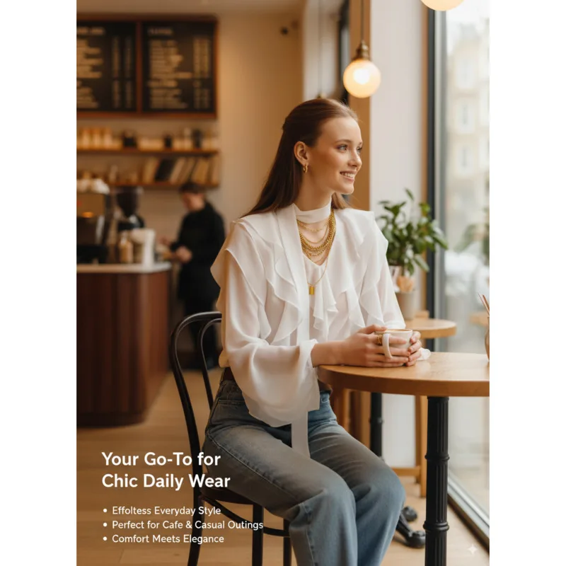 

2025 Summer Chiffon Blouse For Women Loose Fit V Neck Long Sleeve Sheer Top With Ruffles Neck Tie Elegant Office Style Clothes