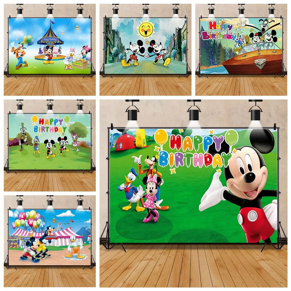 Disney Cartoon Mickey Mouse Backdrops For Kids Happy Birthday Decors Vinyl Cloth Party Baby Shower Banner Backgrounds