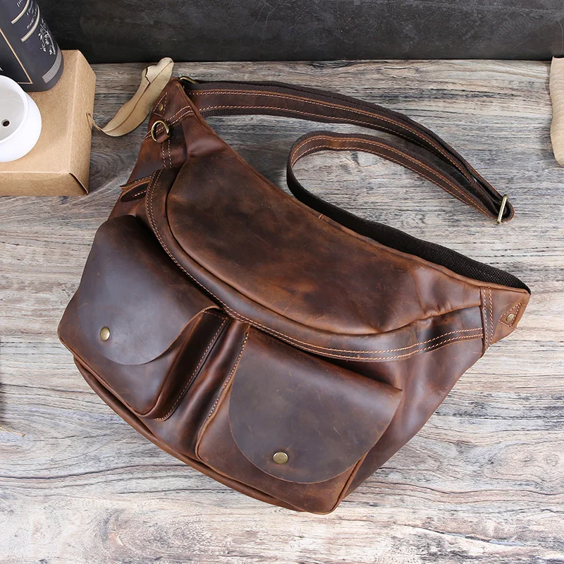 Vintage Top Layer Cowhide Chest Bag Casual Men\'s Outdoor Shoulder Crossbody Bag Fashion Trend Leather Waist Pack