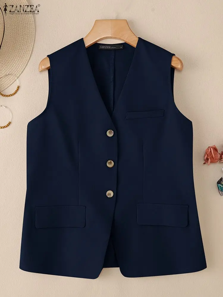 

ZANZEA 2025 Summer Blouse Women Vests Tops Elegant V Neck Sleeveless Office Shirt Stylish Solid OL Work Blouses Buttons Blusas