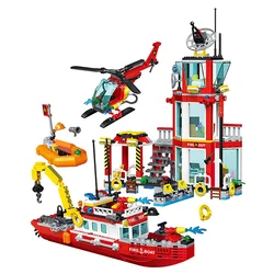 City Marine Fire Station Boat Building Blocks Rescue At Sea Yacht Life Buoy Helicopter Figures Brick Toys Gift For Kid Boy Adult