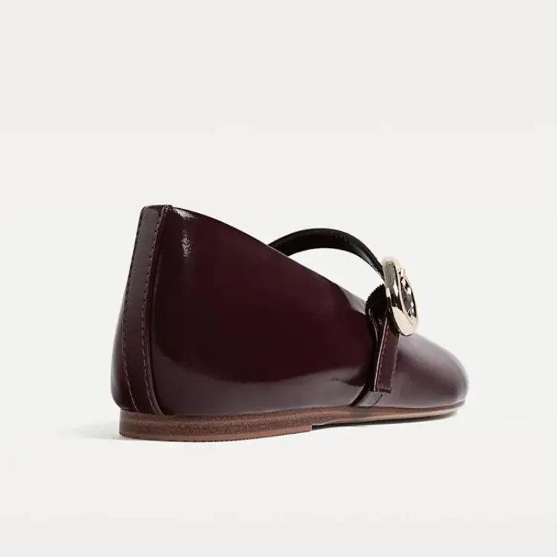 Zapatos planos Mary Jane de cuero PU para mujer |   Zapatos casuales poco profundos con correa de hebilla roja |   Mocasines elegantes retro primavera otoño streetwear