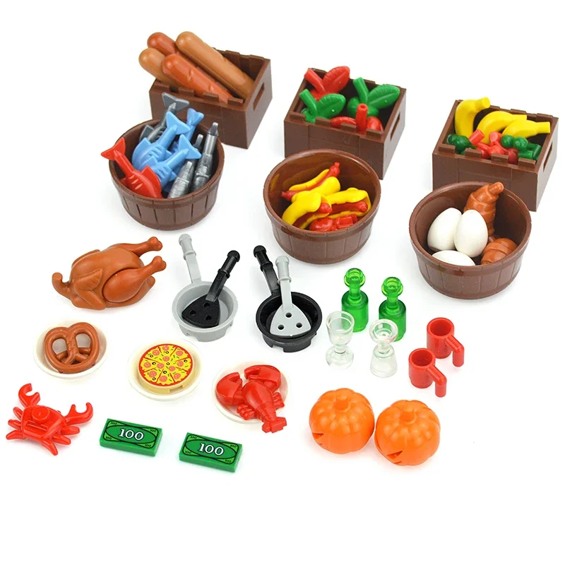 MOC Food Bricks City Set Accessories Friends MOC Building Blocks Drinks Fruit Bread Fish Bottle Parts Toys Children