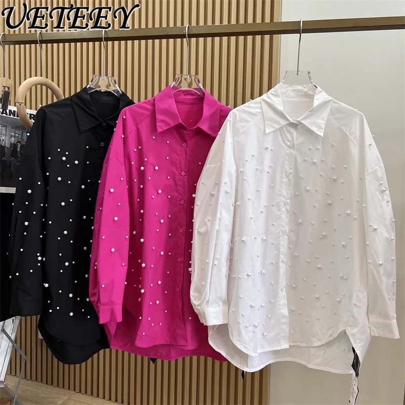 Camisa de manga larga de un solo pecho de la industria pesada de productos europeos, blusa informal de principios de primavera, Tops de Color sólido