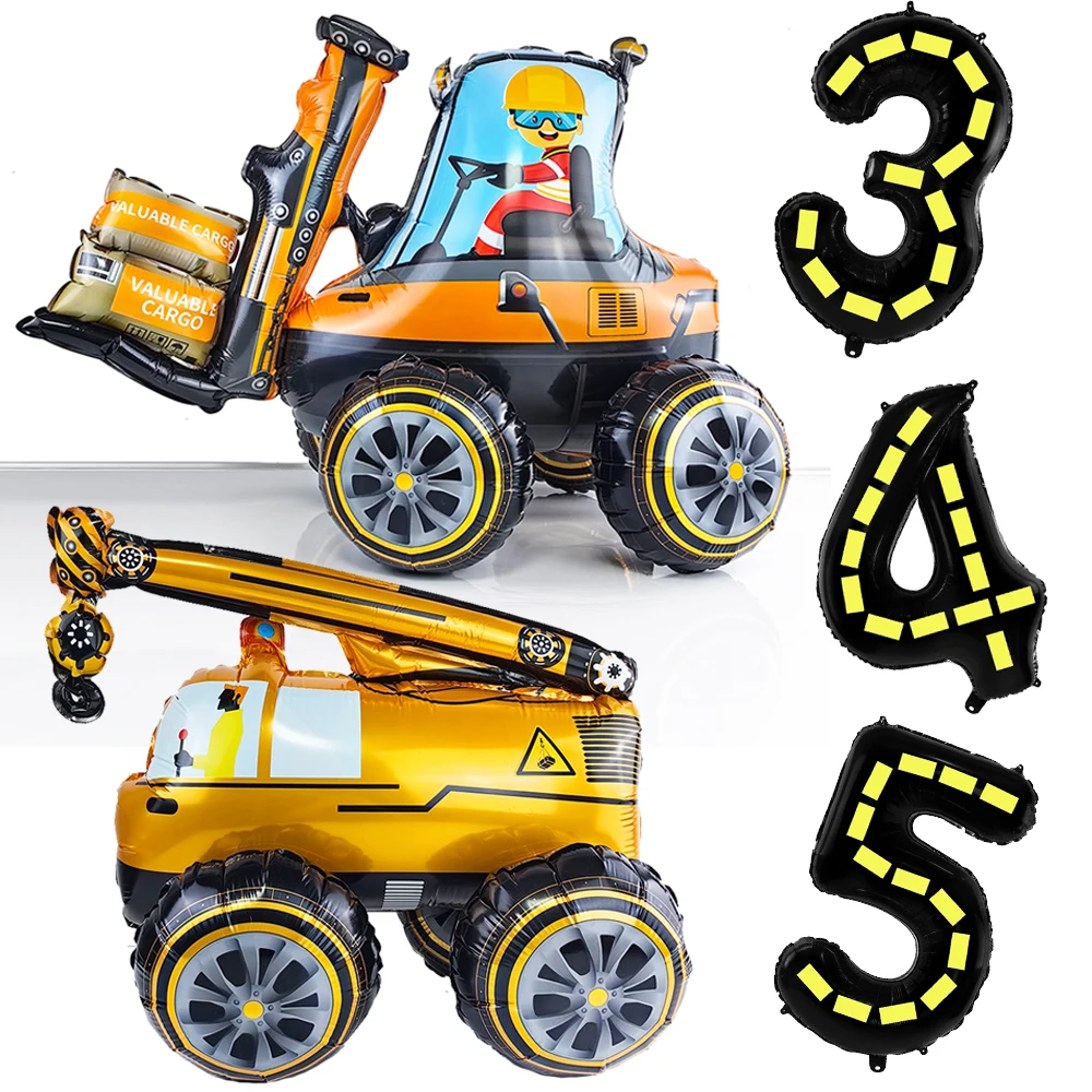 Construction Truck Balloon Forklift Crane Balloons Boy\'s Birthday Party Excavator Foil Balloon Construction Themed Party Decor