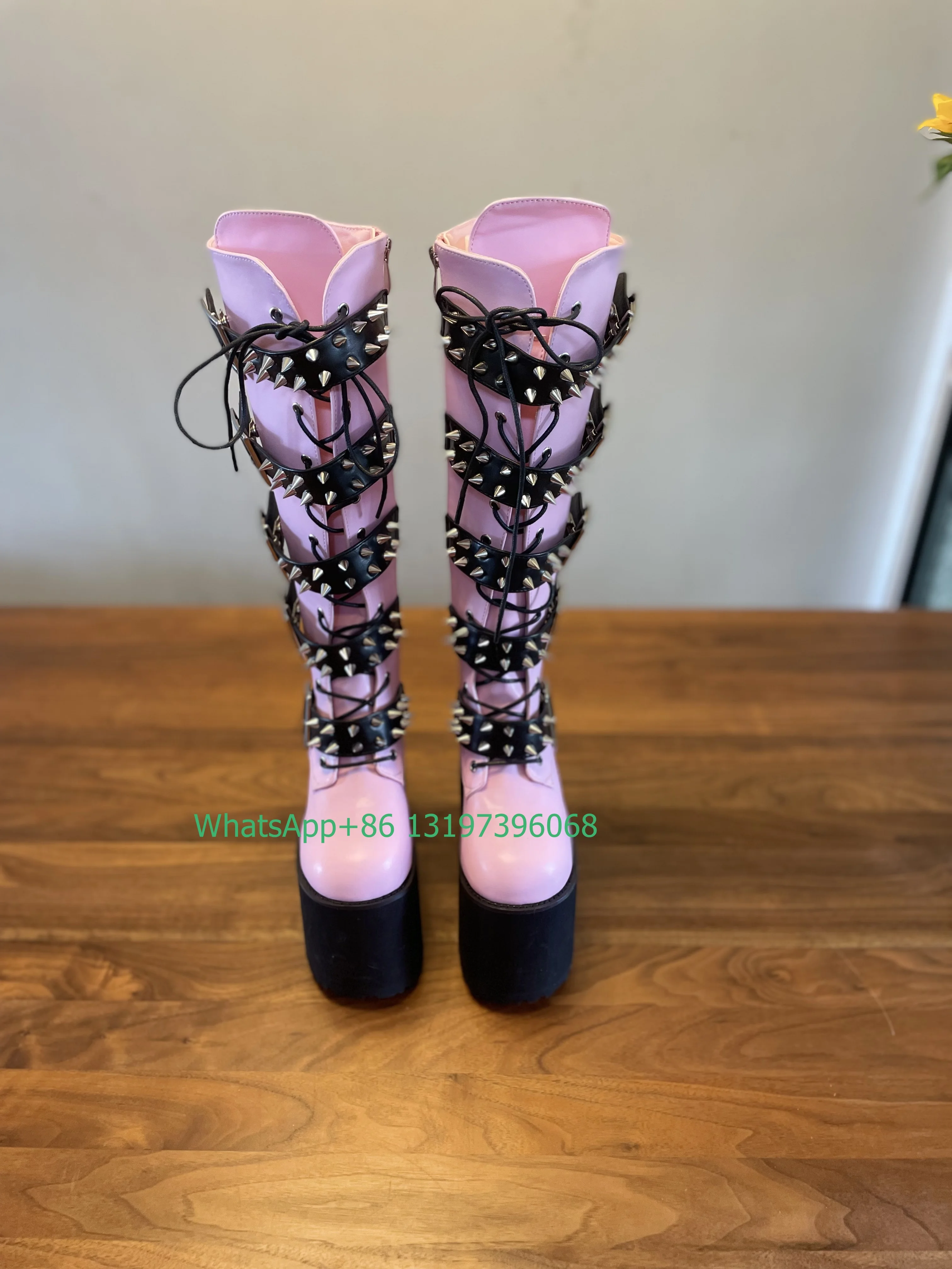 Lady pink Mary Jane stud platform Y2K deisgn boots metal lace-up calf boots PU hot pink punk style boots footwear high top boots