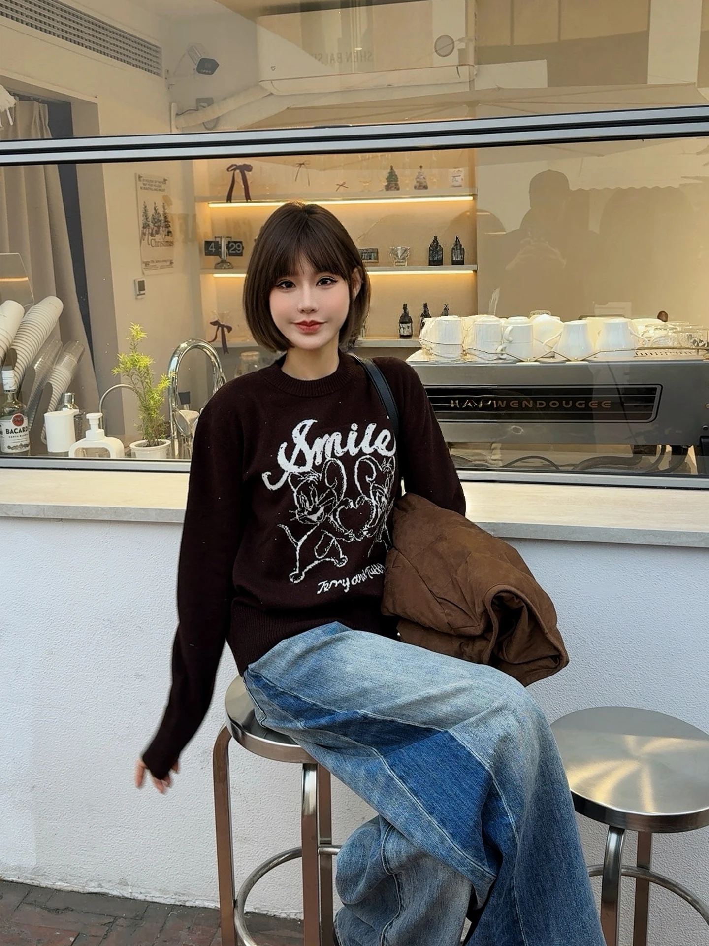 

ASBR Оригинальный вязаный свитер C-Spun из 100% шерсти с вышивкой, круглый вырез, свободный крой, эффект похудения, новинка зимы, повседневный стиль