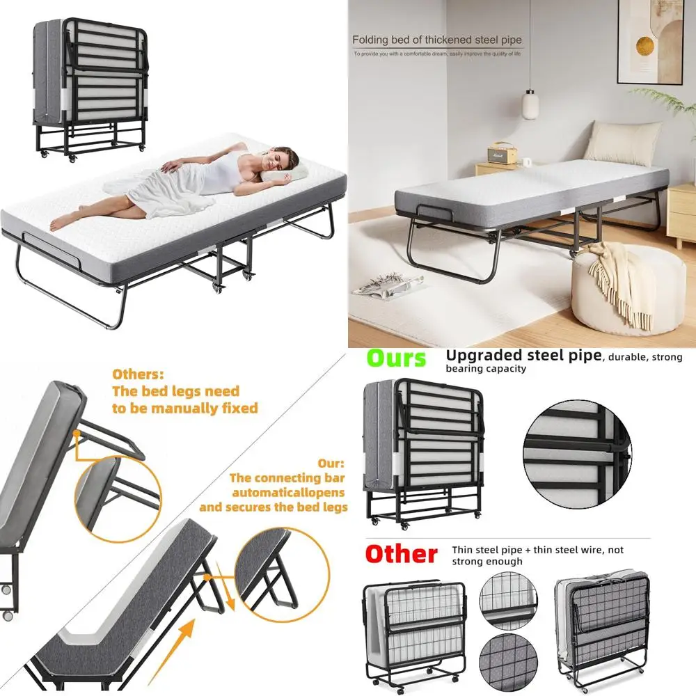 Раскладная кровать для взрослых и гостей с матрасом — прочная раскладная кровать, армированная сталь, автоматическое отверстие для ног, большой размер 75x46 дюймов