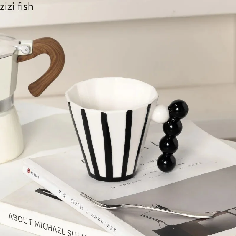 Retro Striped Ceramic Mug Creative Handle Latte Coffee Mug High Beauty Couple Cup Beverage Cup Home Water Cup Breakfast Cups