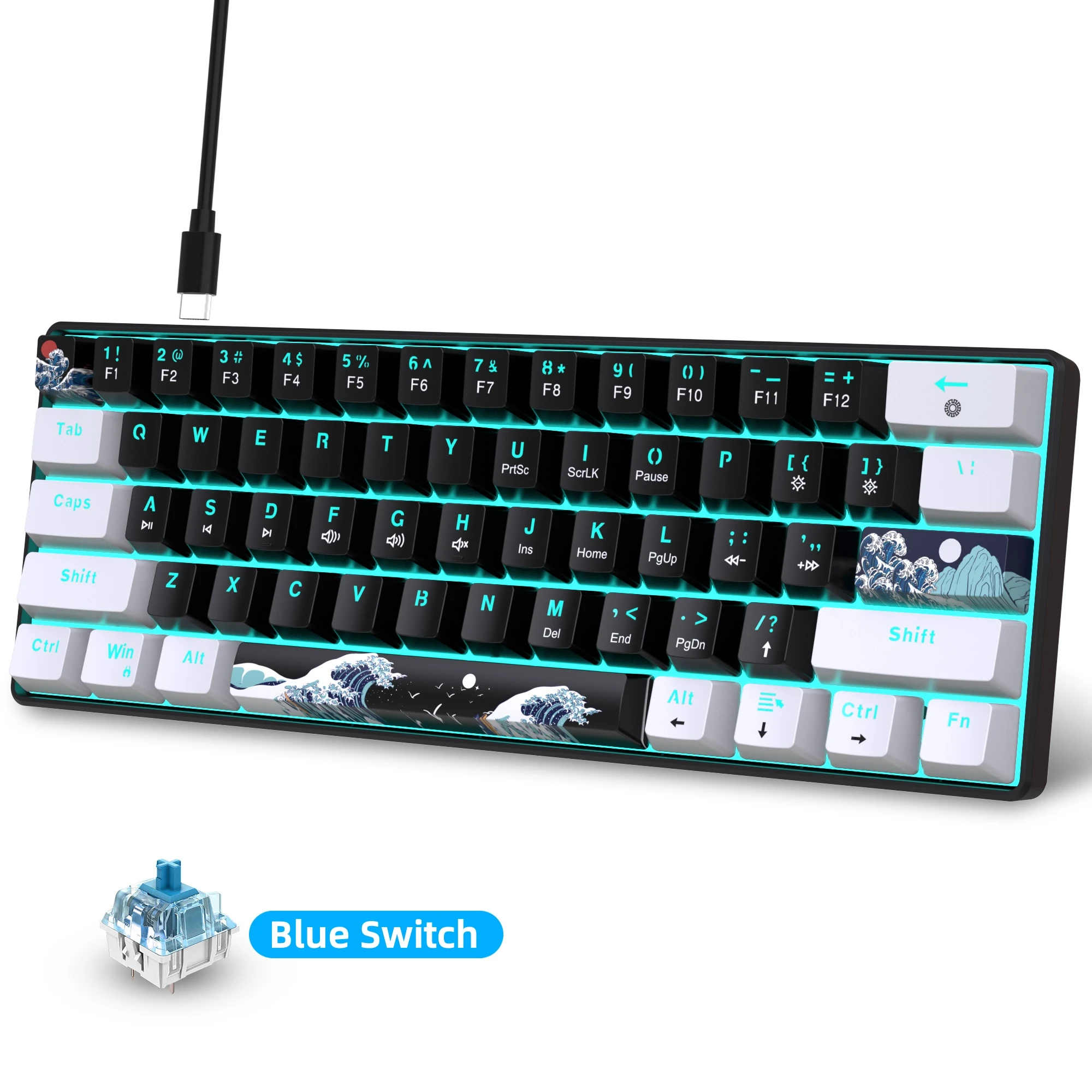 60 % mechanische Tastatur, Gaming-Tastatur mit blauen Schaltern und meerblauer Hintergrundbeleuchtung, klein, kompakt