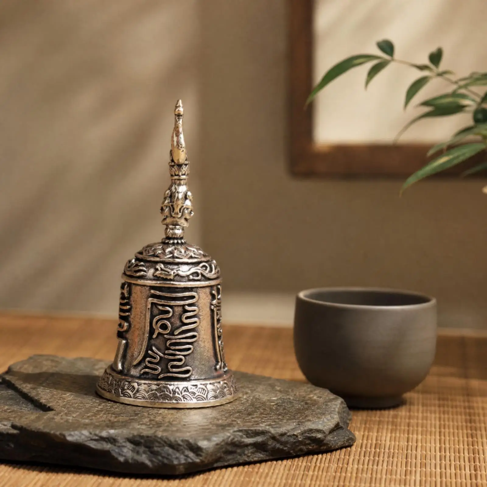 Brass Decorative Bell with Three-Pronged Finial Compact Small Brass Bell with Embossed Relief Decoration for Collectors, Study