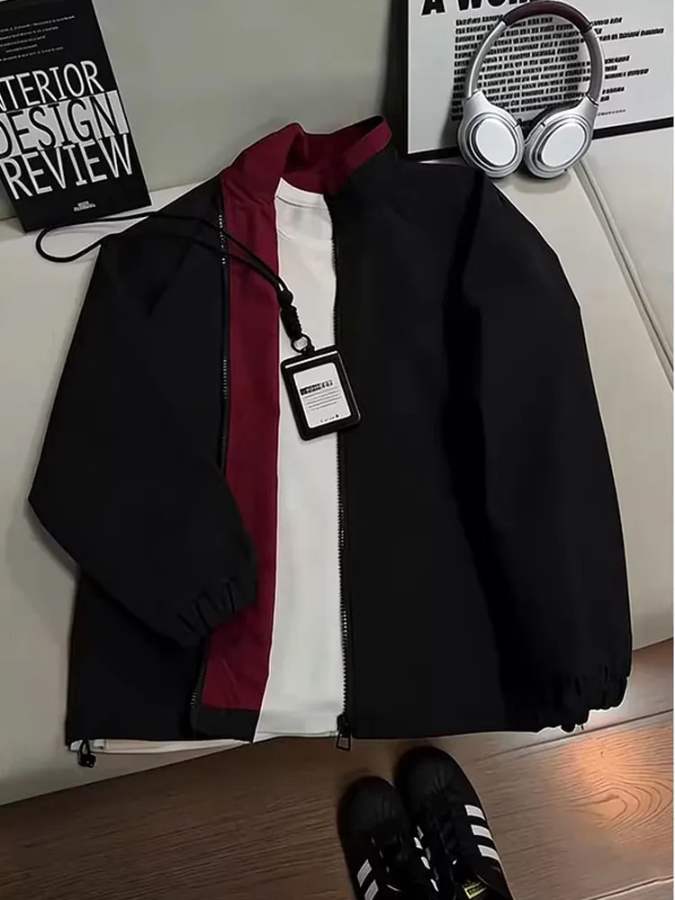 Cleanfit American Splice Color Collision Shoulder Jacket Men's Trendy Brand Stand Collar Short Three-Proof Fleece-Lined Coat