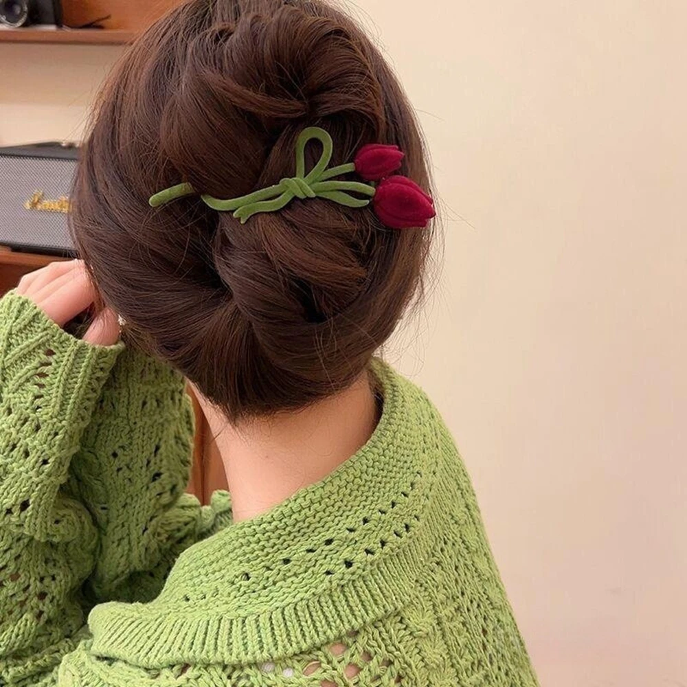 Pinza de pelo de doble punta con flores de tela de terciopelo en forma de tulipán y lazo decorativo, accesorio para el cabello de primavera para mujeres y niñas, para uso diario y fiestas.