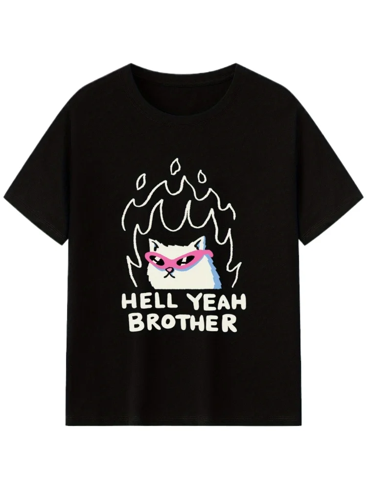 

Hell Yeah Brother Cat Woodland cotton men's T-shirt with printed design of flaming cat and fashionable glasses.