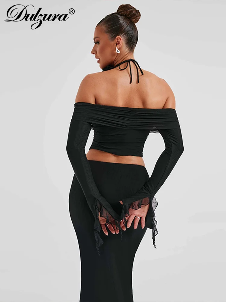 Dulzura Abito coordinato Accessori per il collo Fiore 3D con spalle scoperte Maniche lunghe a tromba Crop Top Nappa Gonna lunga 2024 Autunno Donna