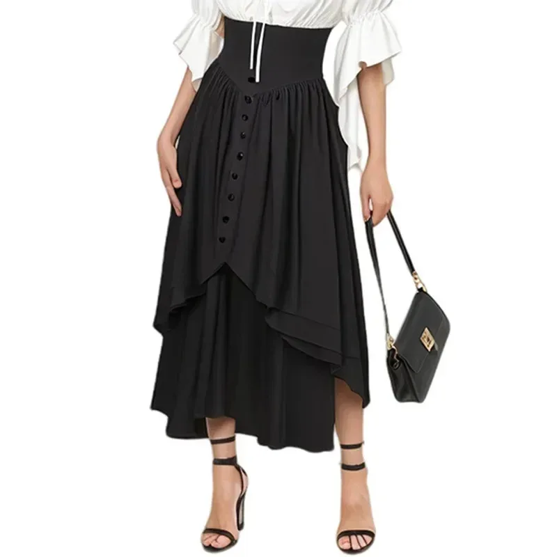 

COSda@Femmes Medieval Retro Maxi Skirt Vintage High Waist A-Line Long Victorian Skirt Steampunk Gothic Ruffled Hem