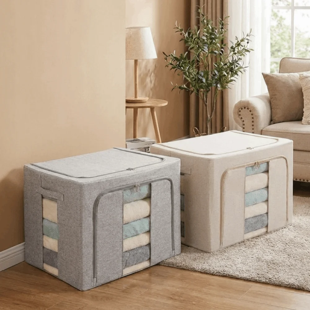 Large Capacity Clothes Storage Bins Folding Steel Frame Pants Storage Box with Window Dust-proof Quilt Organizer Box Bedding
