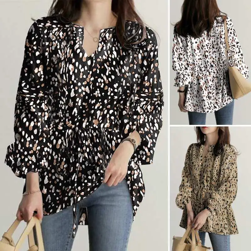 

Women's Printed Long Sleeve Shirt Full Sved Collar Commute Style Winter Fashion Top Leopard Pattern Non-Stretch Fabric