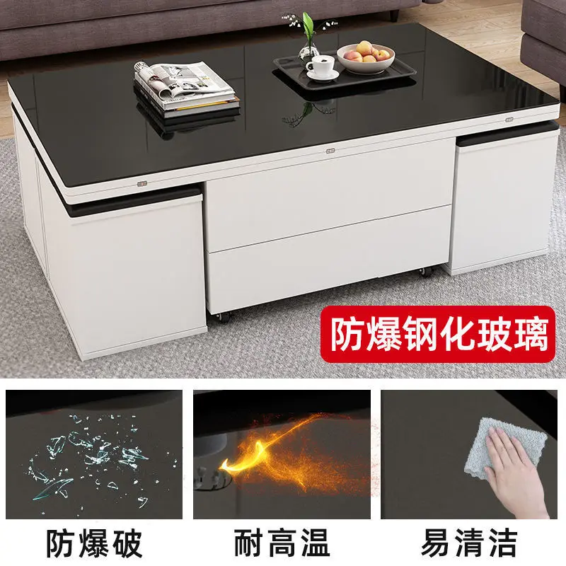 Tea table, dining table, multifunctional lifting and folding, simple modern living room, creative tempered glass coffee table