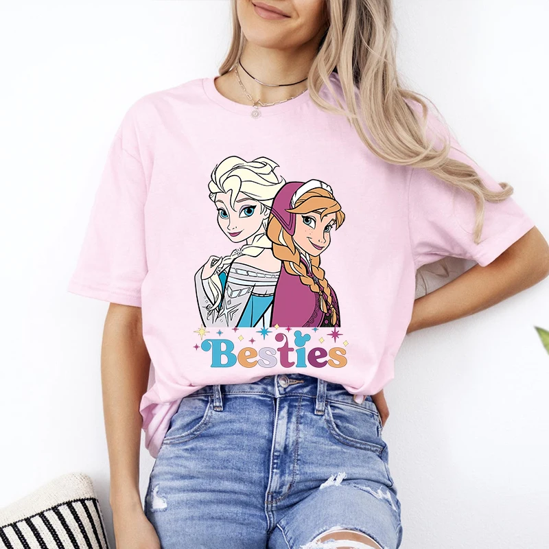 Disney Besties Princess Elsa Princess Anna Printed Women's T-Shirt Cotton Short Sleeve Casual Top