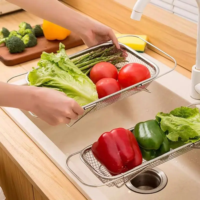 Stainless Steel Drain Basket Kitchen Sink Retractable Vegetable Washing Basin Drain Rack Tableware Drain Rack