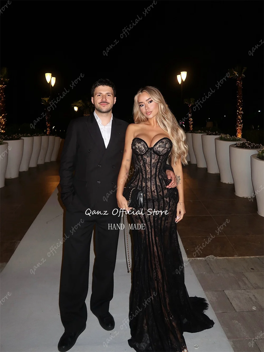 Qanz فساتين سهرة سوداء كاملة مزينة بالدانتيل على شكل قلب حورية البحر بدون ظهر فساتين حفلات للنساء حسب الطلب #4