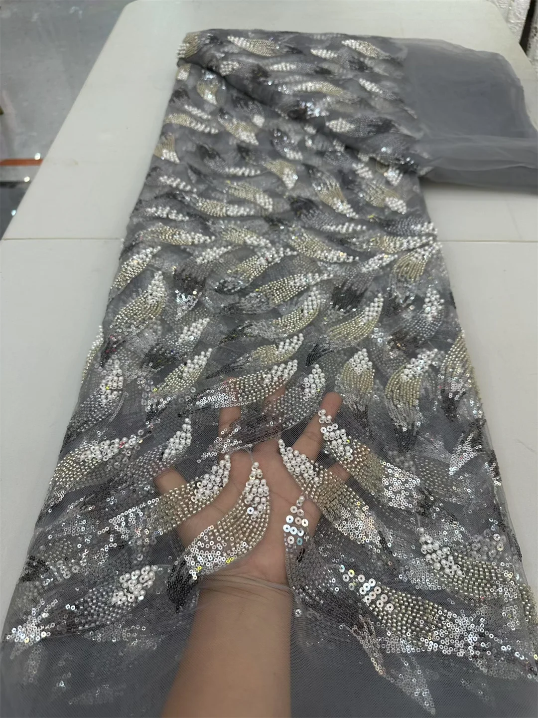 레드 아프리칸 헤비 비즈 레이스 원단 2025 고품질 5야드 나이지리아 스팽글 신랑 원단 웨딩 파티 드레스용