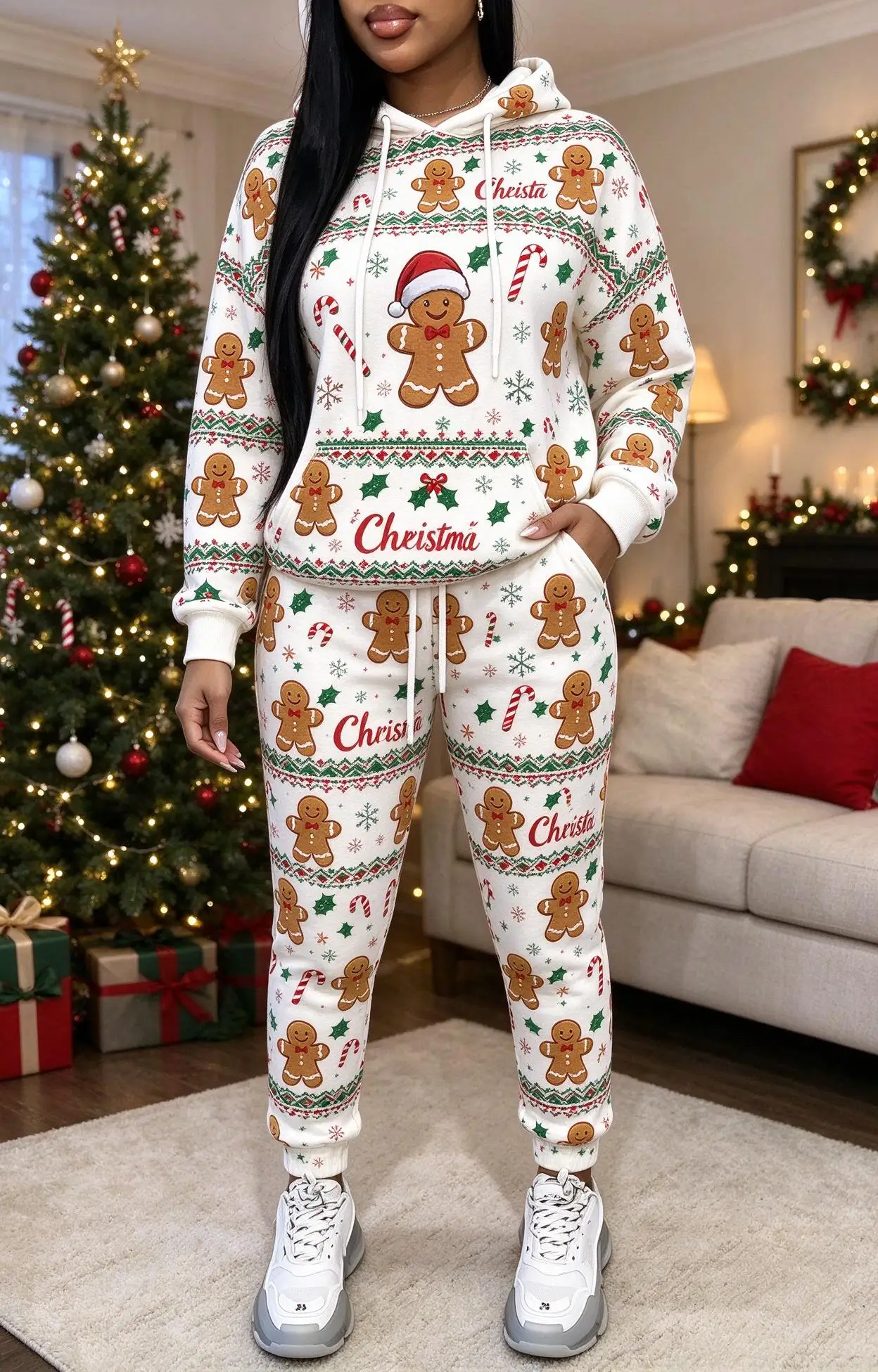 Women Christmas Santa Reindeer Print Hooded Tracksuit, Long Sleeve Hoodie & Cuffed Jogger Pants 2 Piece Outfit view 5