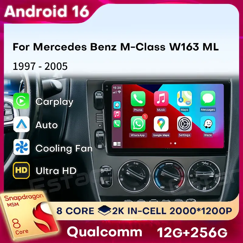 Android 16 Carplay For Mercedes Benz M-Class W163 ML 1997 - 2005 Car Radio GPS 360 Camera 5G WIFI 4G LTE Head Unit 2din Audio BT