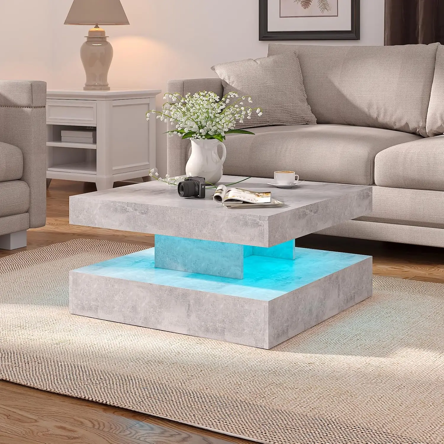 Modern Grey LED Square Coffee Table - 2-Tier Contemporary Wood Center Table with Storage, for Living Room/Dining/Reception
