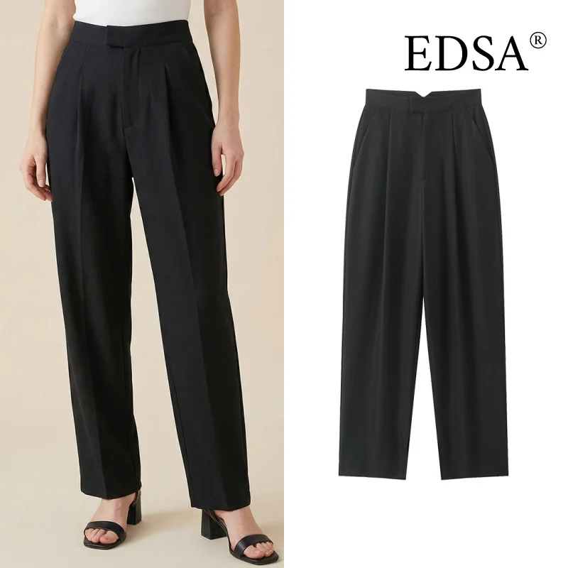 EDSA – pantalon plissé taille moyenne pour femme, pantalon Long à jambe droite, assorti avec tout