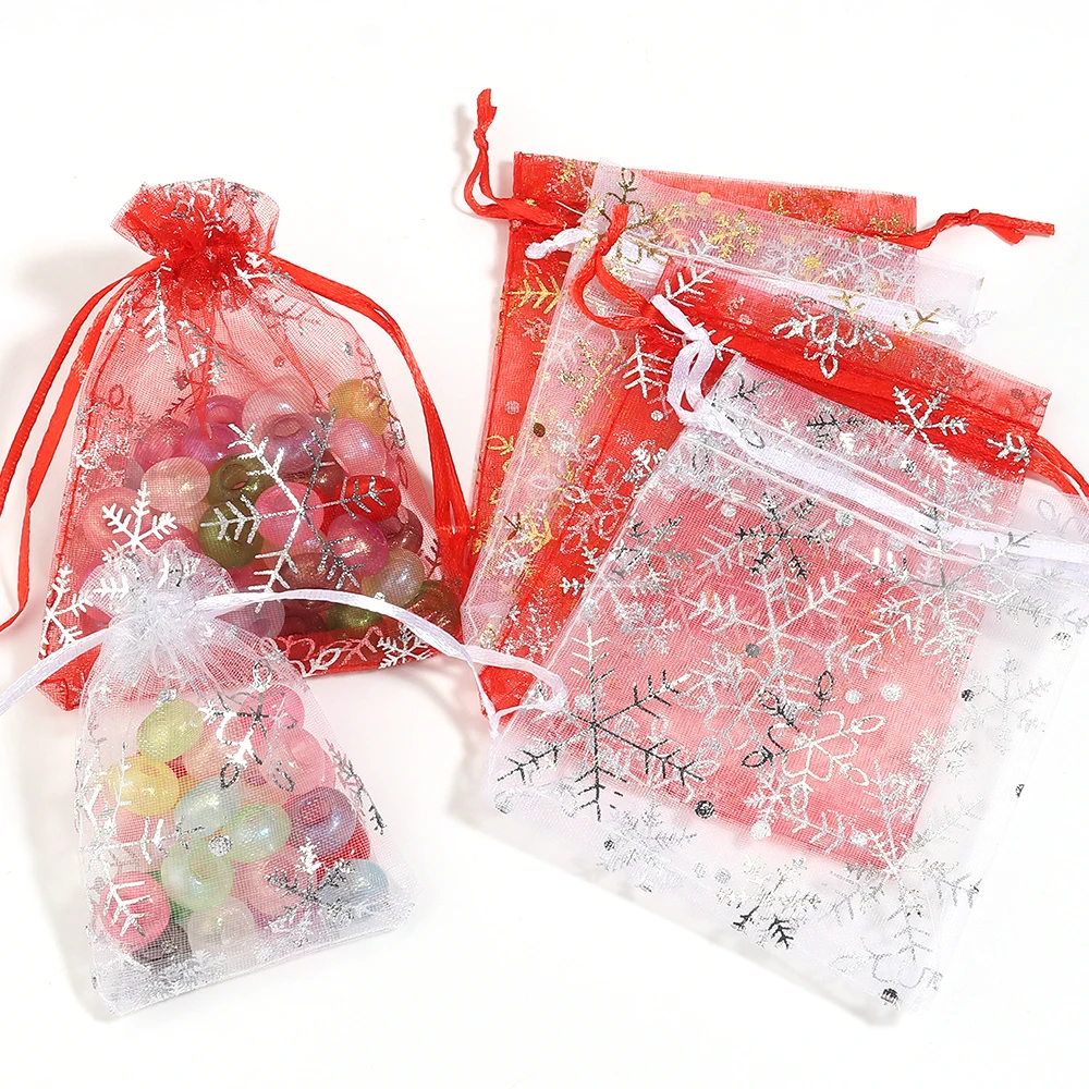 10/50 Stück Heißdruck-Organza-Geschenktaschen mit Schneeflocken-Motiv, Kordelzug-Schmuckbeutel für Hochzeit, Weihnachtsfeier, Süßigkeiten-Geschenkverpackungstaschen – Detail 4