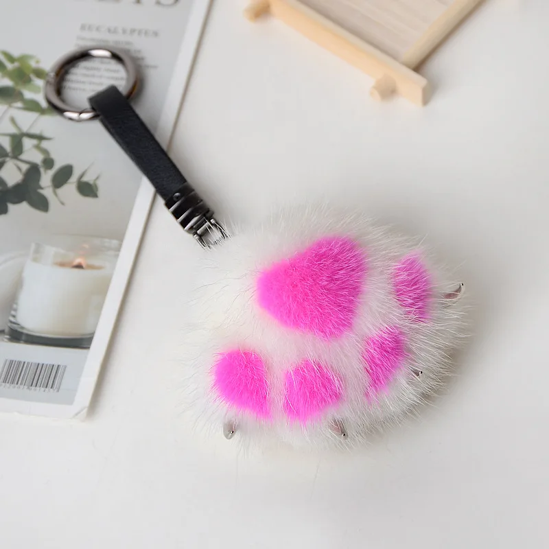 2024 Fashion New Women Real MInk Fur Car Key Pendant Ring Cat Bear Paw Toy KeyChain Cute Bag Charm Ornaments Soft Pompom Plush