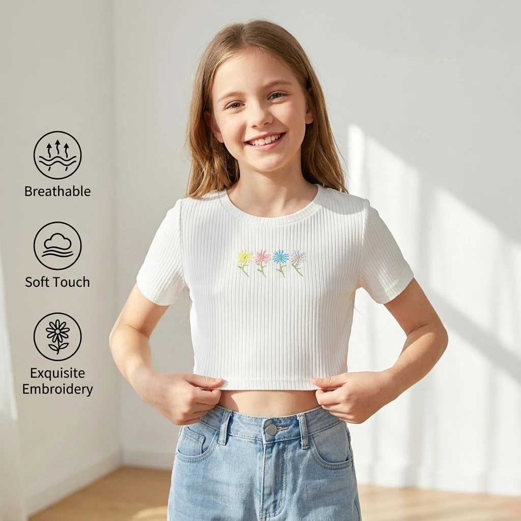 Girls Ribbed Colorful Daisy Embroidered Crew Neck Short Sleeve T-Shirt, for Daily Casual Back to School Weekend Kids Stylish