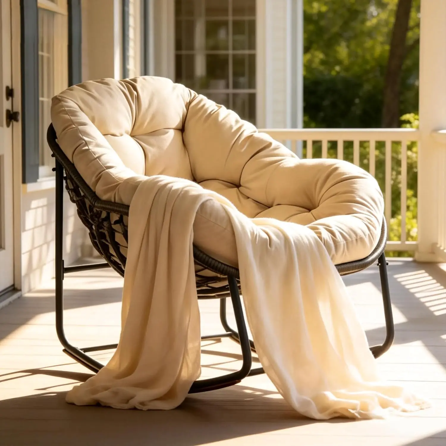 Outdoor Papasan Rocking Chair with Soft Cushion, Comfy Patio Egg Chair, Wicker Lounge Rocker