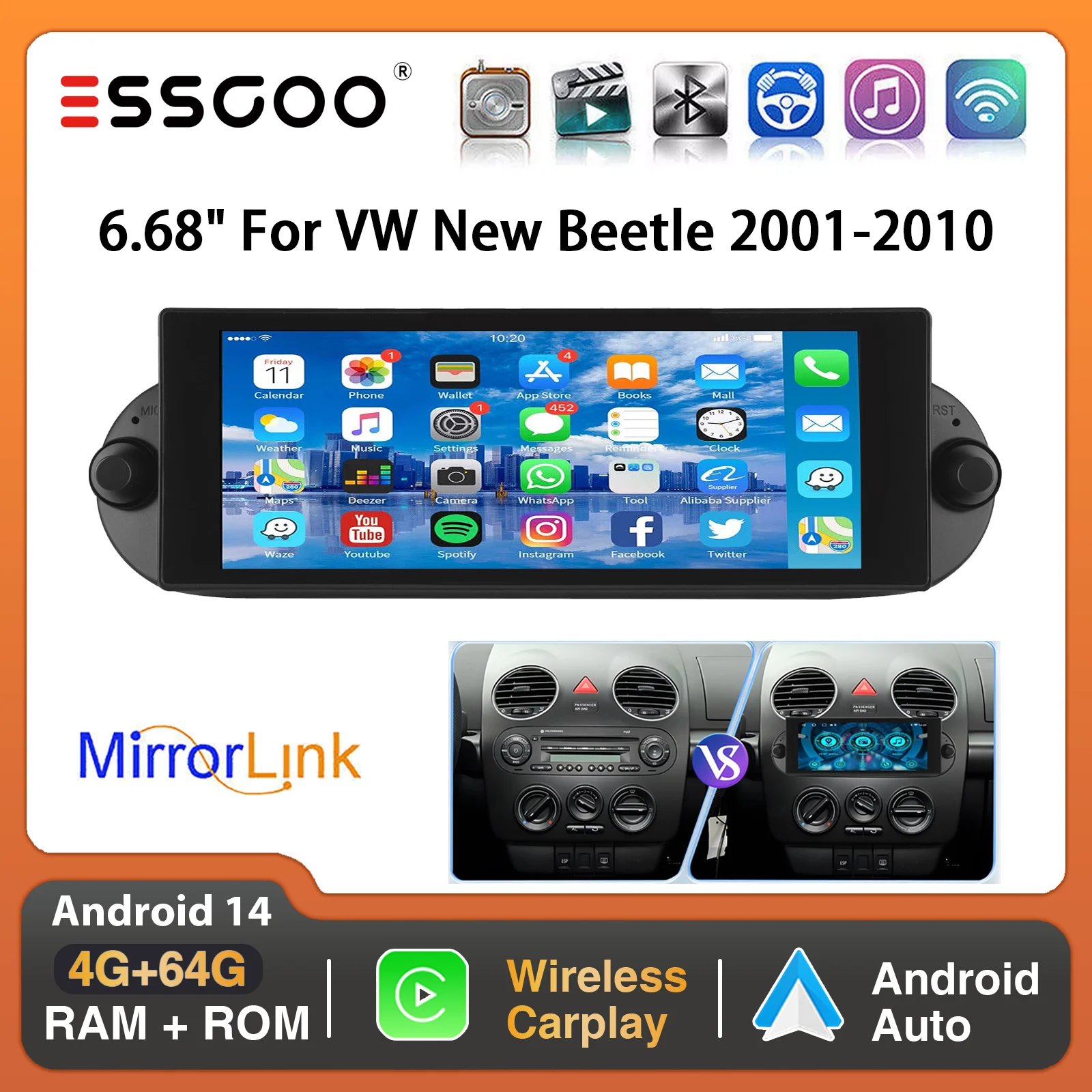 ESSGOO 64G 7 "Android 14 Auto Stereo Für VW Käfer 01-10 Drahtlose Carplay GPS Navi FM WiFi BT RDS SWC Spiegel Link IPS Touchscreen