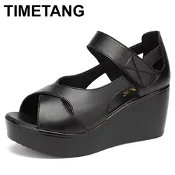 6cm Small  Comfortable Genuine Leather Shoes Med Heels Sandals  Women's Platform Wedges Sandals Office Mom