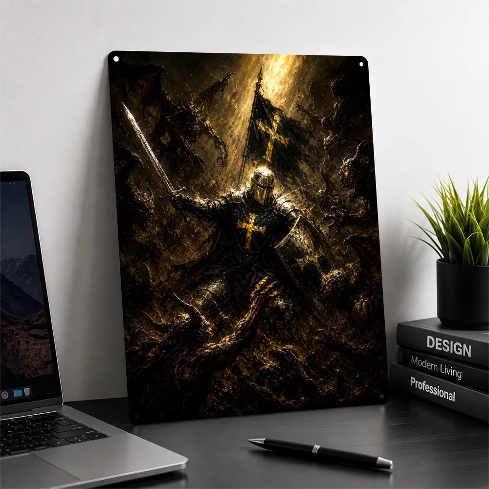 Crusader Knight Battling Demonic Horde Poster Retro 3D Printed Metal Signs Customized Wall Hanging Gift for Tin Sign Decor Room