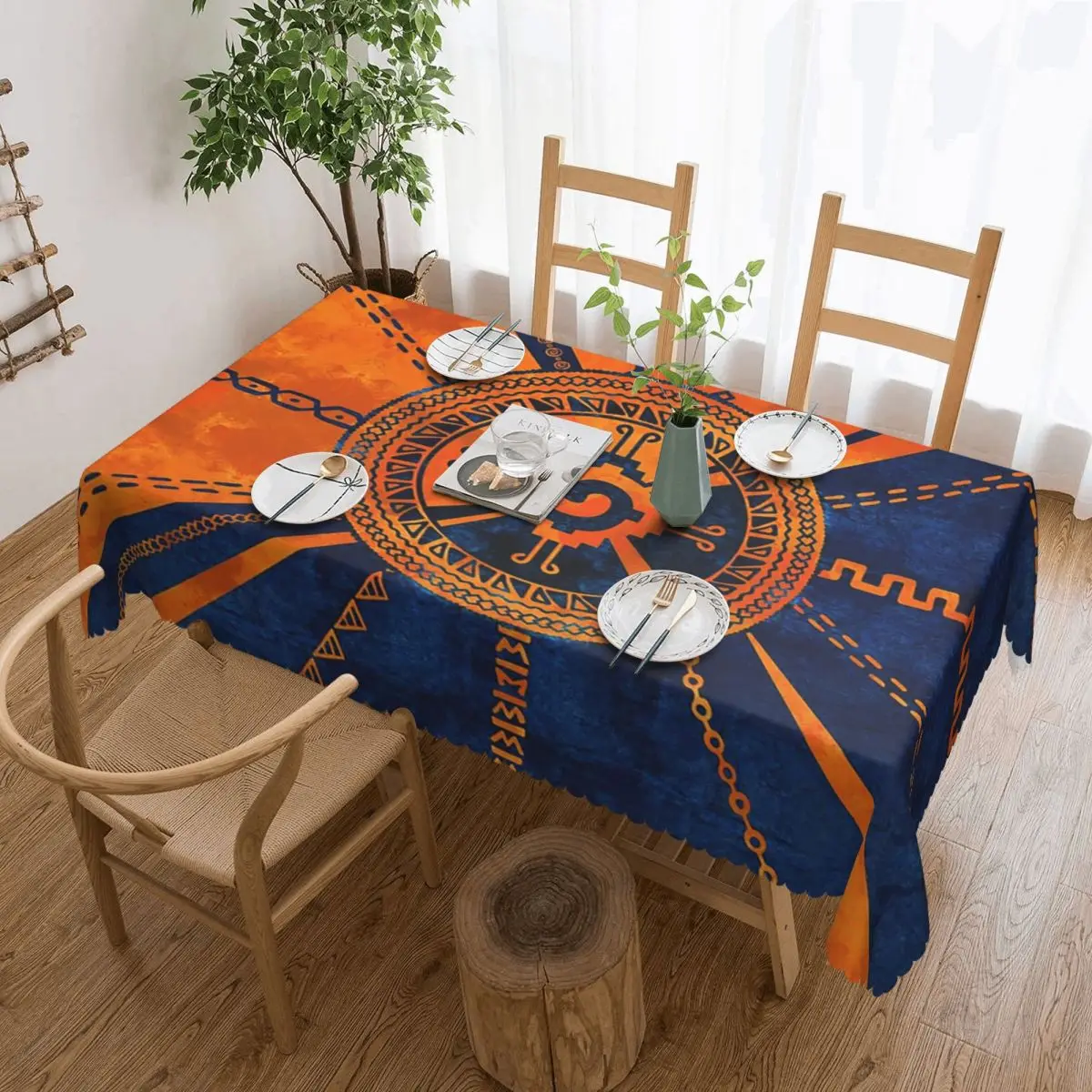 Mayan Aztec Calendar Hunab Ku Symbol Orange Blue Rectangular Tablecloth Table Cover for Festival Party Decorations Table Cloth