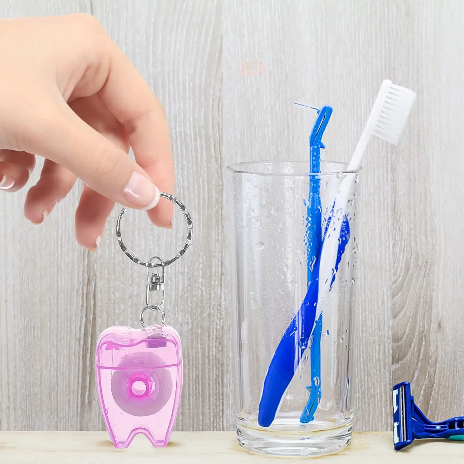 5Pcs 15M Tooth Shaped Keychain Dental Floss,Gum Care Floss,Tooth Cleaning,Oral Care For Home and Travel