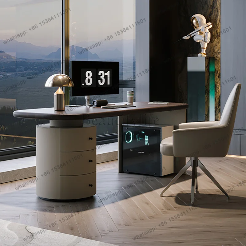 Fashion Wooden Rounded Corner Desk with Drawer Storage Cabinet,Contemporary Writing Table for Home Office  or Study Room