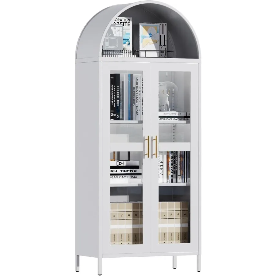 73 in Tall Metal Arched Cabinet Kitchen Pantry Cabinet with Glass Door Modern Farmhouse Arched Bookcase with 2 Adjustable Shelv