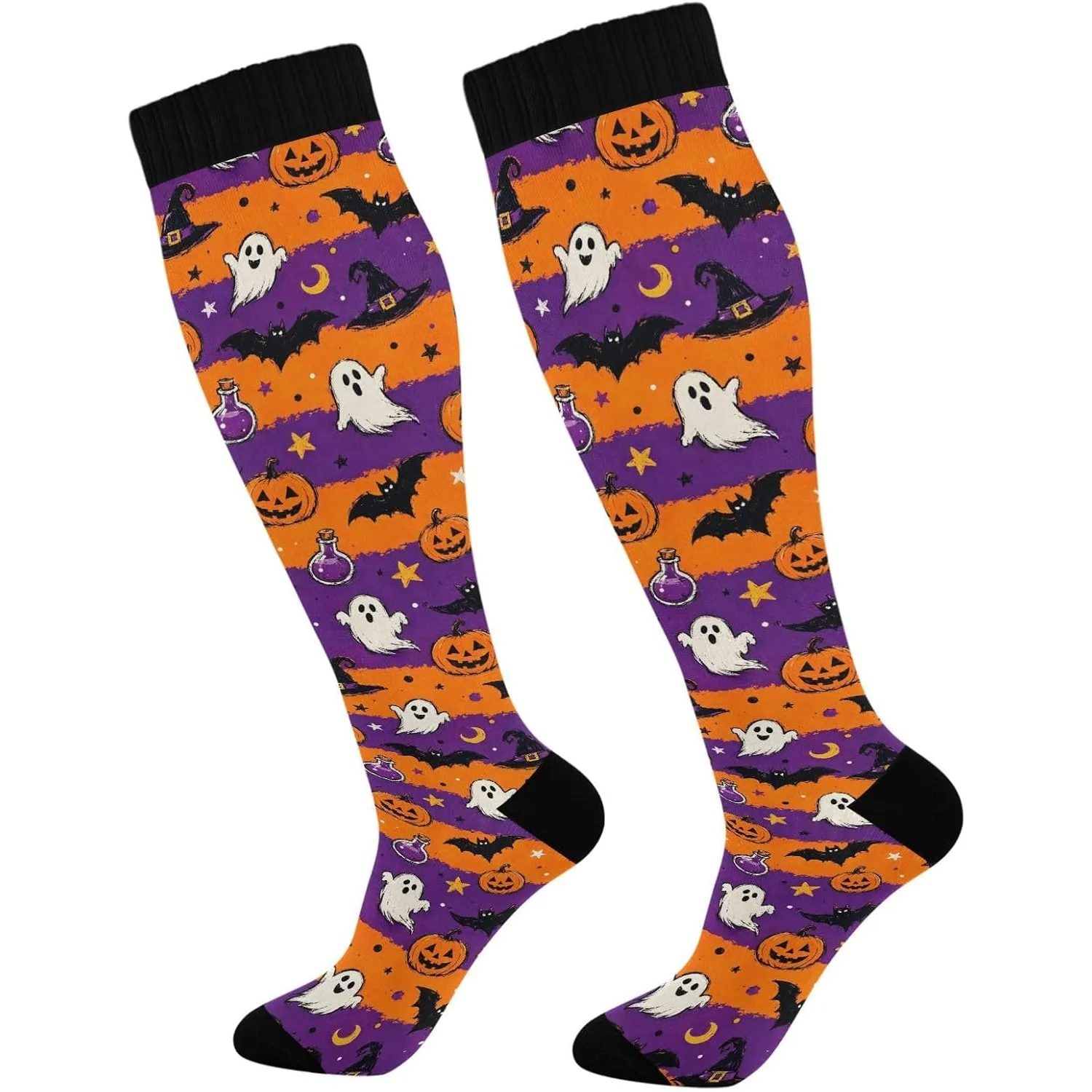 Halloween Ghost Pumpkin Bat Print Compression Socks for Women Long Knee High Socks 2 Pairs