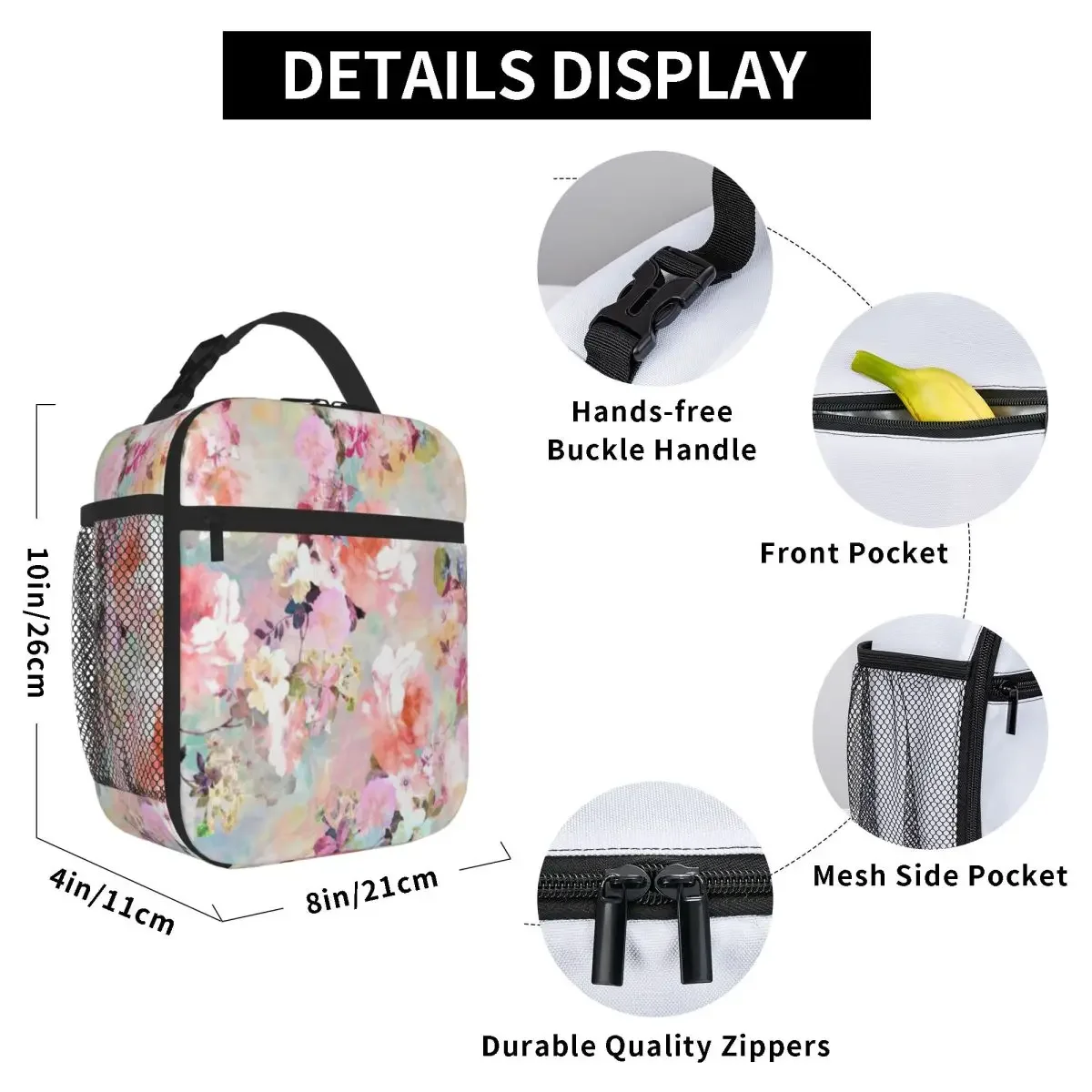 Hot Sale Romantic Pink Teal Watercolor Chic Floral Pattern Simple Canvas Lunch Bag Weight Loss Diet Neoprene Lunch Bag