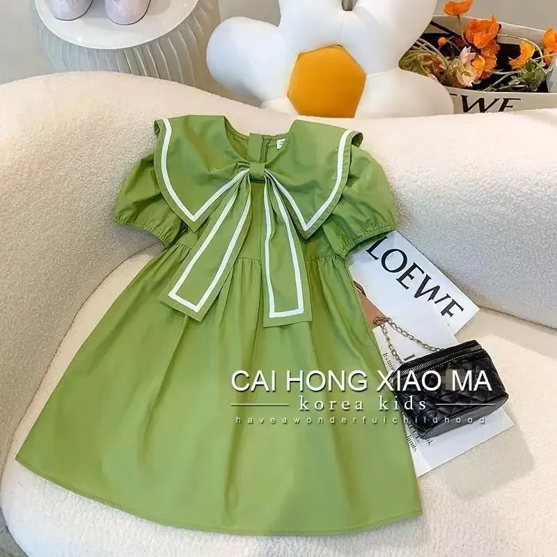 

2024 Europ Summer Kids girls green forest loose chemise puff sleeve Dresses A-LINE striped Princess Children teens 4 13 Years