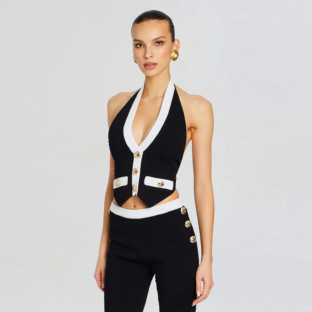 Elegant Black White Sleeveless Halter Backless Vest + Bandage Capri Pants Suits For Ladies Urban Street Casual Night Out Outfit