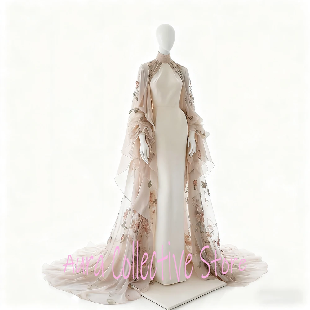 

Elegant Floral Embroidery Cape Evening Dresses Women's High Neck Maxi Sheath Gown for Wedding Banquet Dinner Party Costume