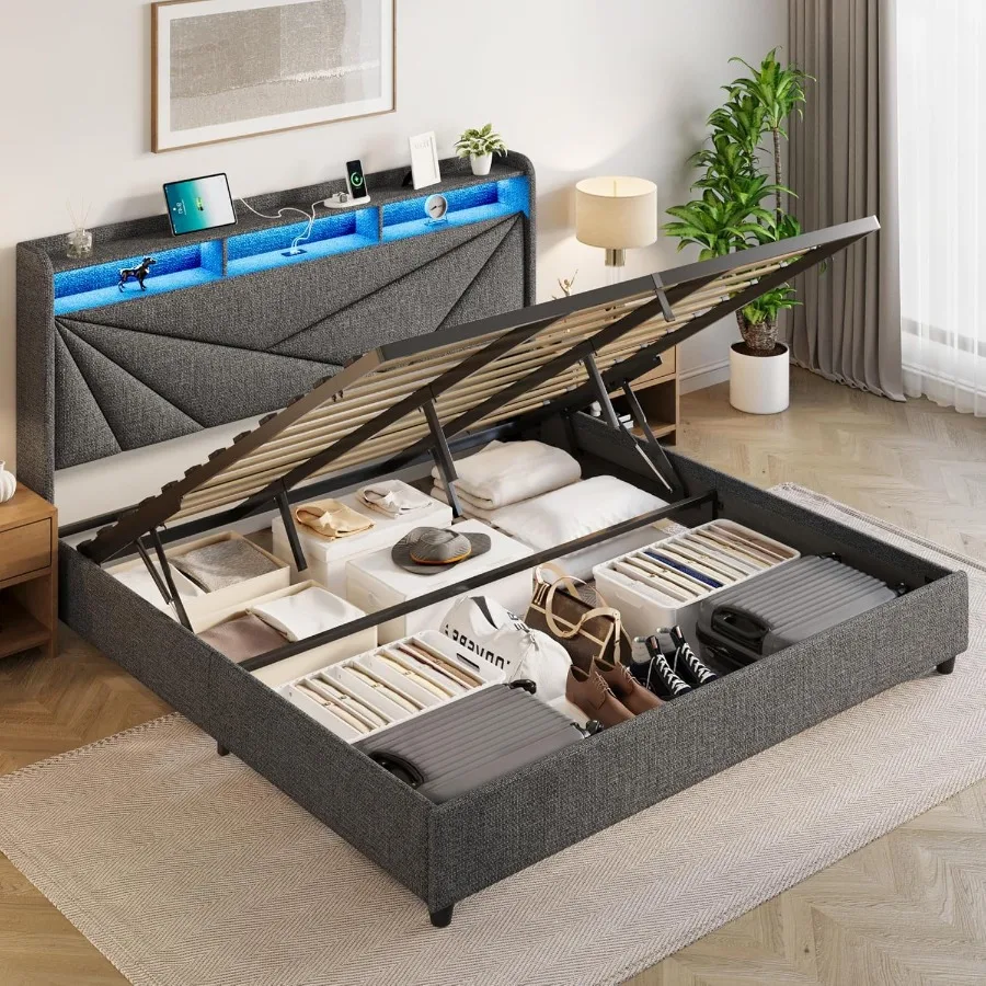 King Size Bed Frame with Storage Lift Up Upholstered King Bed Frame with Charging Stationd LED Lights Headboard No Box Spring e
