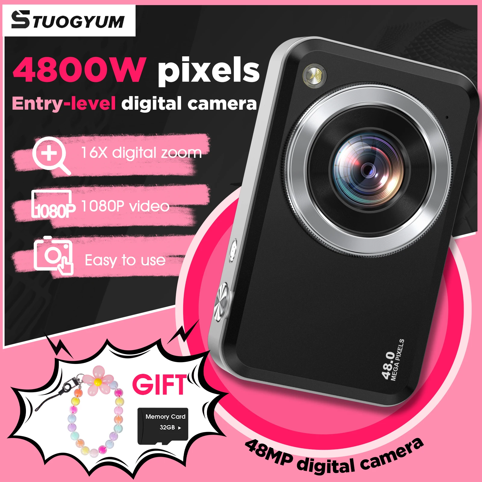 

Цифровая камера FHD 1080P, 48 МП, CCD, передние и задние двойные объективы с изысканным браслетом, карта 32 ГБ, аккумулятор с 16-кратным зумом, маленькая камера, 9 шт.